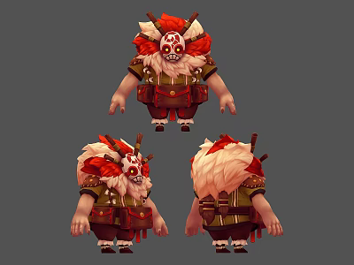 Cartoon Character 3D Model With Red White Fur Mask And Green Outfit Multiple Views 3d model