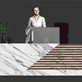 Modern Office Desk With Marble Top Wooden Panel Office Chair Potted Plant And Computer Monitor