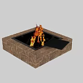 Outdoor Garden Fire Pit With Square Stone Brick Structure Burning Flames And Metal Grate Cover
