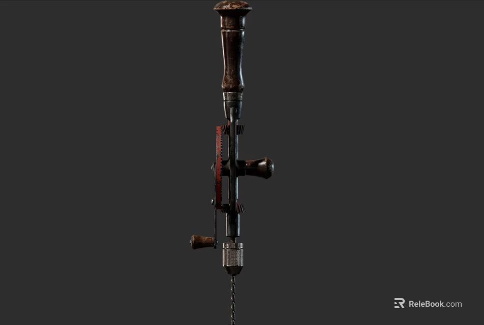 Vintage Industrial Manual Tool With Wooden Handle Metal Structure Chain Mechanism And Red Components 3d model 