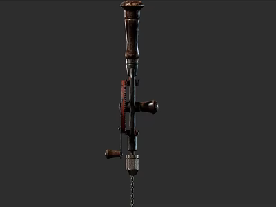 Vintage Industrial Manual Tool With Wooden Handle Metal Structure Chain Mechanism And Red Components 3d model