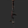 Vintage Industrial Manual Tool With Wooden Handle Metal Structure Chain Mechanism And Red Components