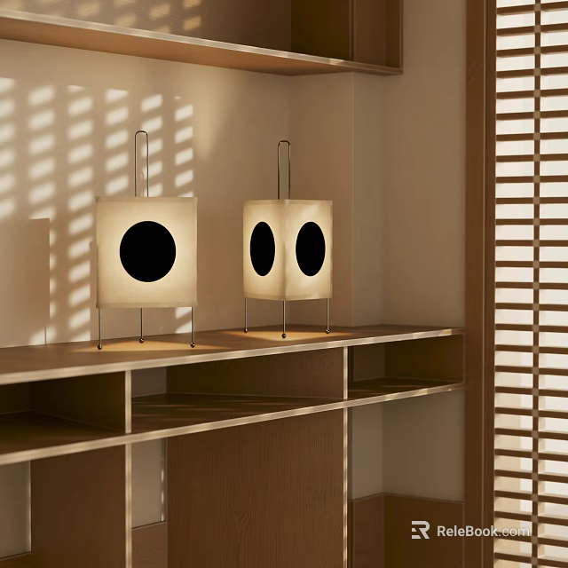 Two Japanese Table Lamps White Shades Black Circular Accents Metal Stands Wooden Shelf Shadow Patterns 3d model 
