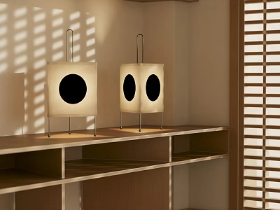 Two Japanese Table Lamps White Shades Black Circular Accents Metal Stands Wooden Shelf Shadow Patterns 3d model