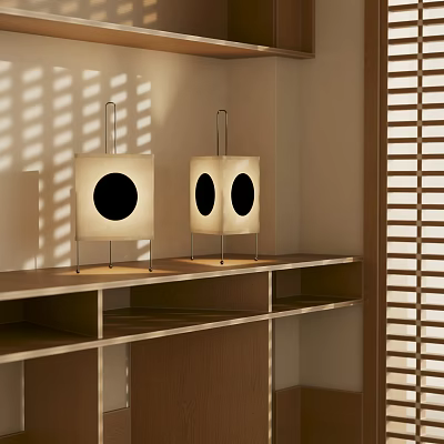 Two Japanese Table Lamps White Shades Black Circular Accents Metal Stands Wooden Shelf Shadow Patterns 3d model
