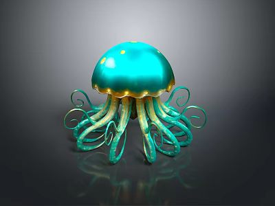 Vibrant Turquoise Jellyfish With Gold Accents And Shiny Curly Tentacles On Dark Background 3d model