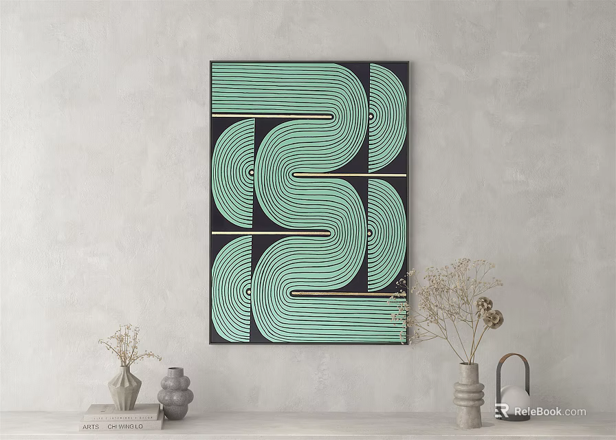 Geometric Artwork With Green Black Patterns On Gray Wall And Table Decor Elements 3d model