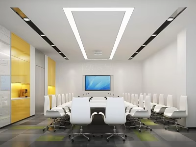 Modern Conference Room Interior With White Table Chairs Large Screen And Ceiling Lighting 3d model