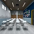 School Classroom Interior With White Desks Chairs Large Screen Posters And City Skyline
