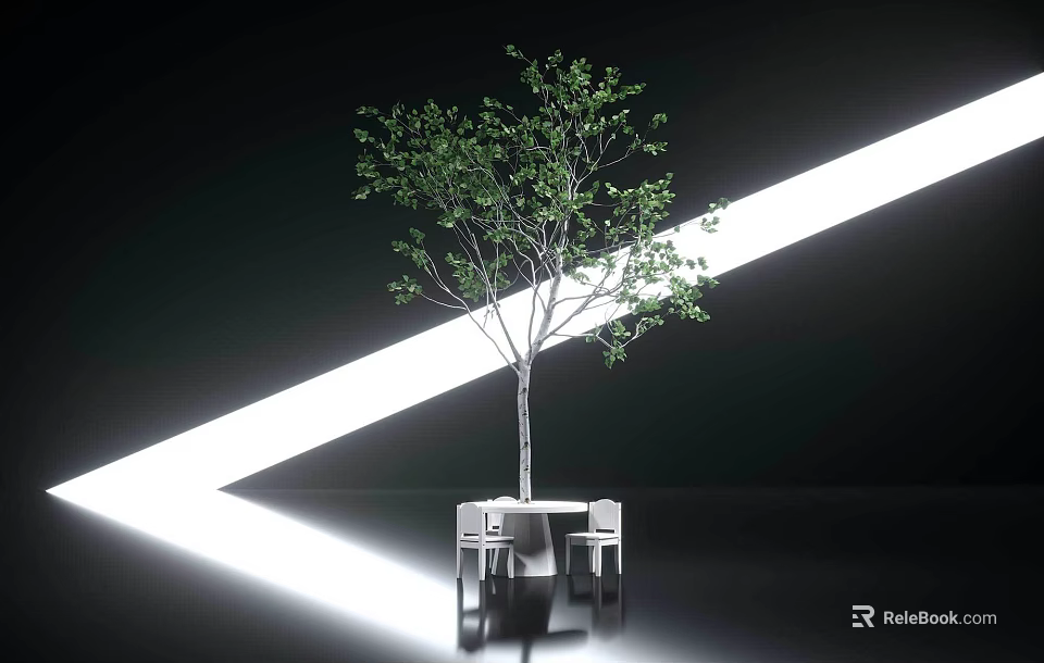 Green Tree With Small Table And Two Chairs In Black Background White Light Beam 3d model 