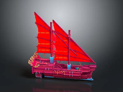 Traditional Sailing Water Vessel With Red Sails And Ornate Hull Design 3d model