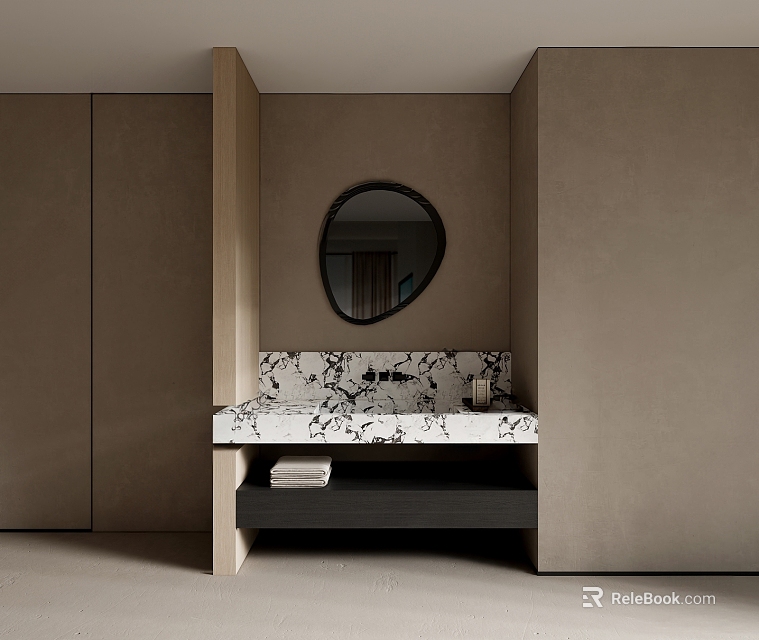 Minimalist Modern Bathroom Interior With Round Mirror Marble Countertop And Textured Walls 3d model 