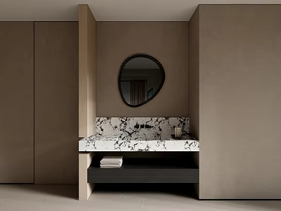 Minimalist Modern Bathroom Interior With Round Mirror Marble Countertop And Textured Walls 3d model