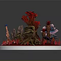 Vibrant Red Plants With Intricate Roots Mushroom Like Structures And Red Grass