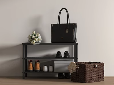 Practical Storage Shelf with Black Handbag White Flowers Shoes White Box and Brown Wicker Basket 3d model
