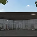 Curved Modern Building Facade With Glass Curtain Wall Green Foliage And Gray Stone Floor
