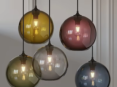 Colorful Glass Spherical Pendant Lights Hanging With Illuminated Bulbs In Modern Interior 3d model