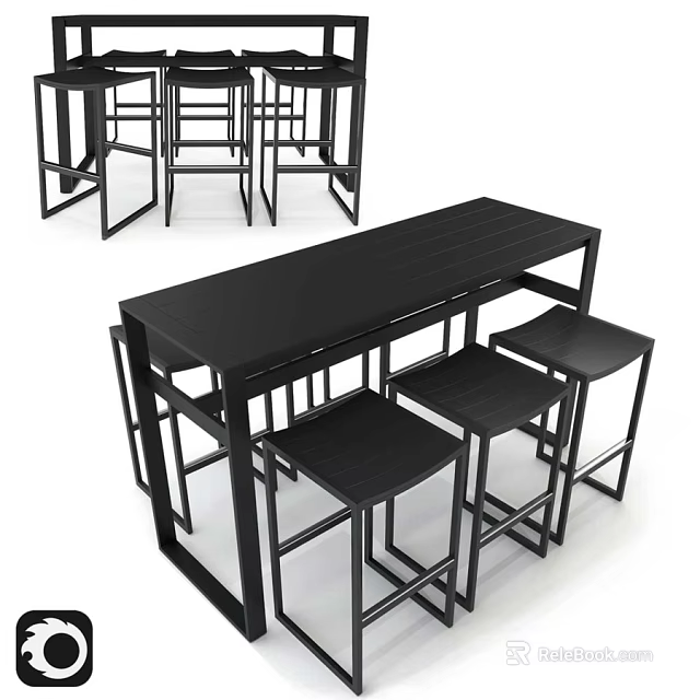 Sleek All Black High Bar Table And Four Bar Stools Set For Indoor Dining Spaces 3d model 