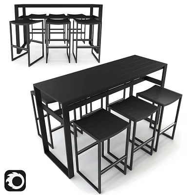 Sleek All Black High Bar Table And Four Bar Stools Set For Indoor Dining Spaces 3d model