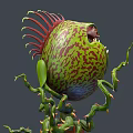 Venus Flytrap With Large Mouth Sharp Teeth Green Red Patterns Long Vines In Brown Pot