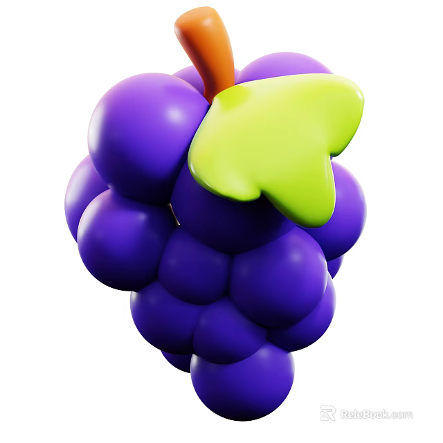 Juicy Fresh Purple Grapes with Green Leaf and Brown Stem 3d model 
