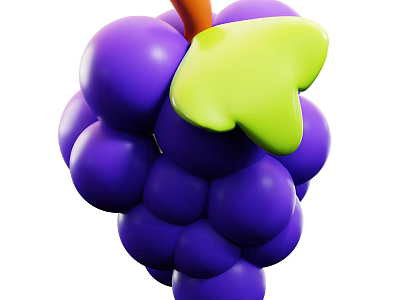 Juicy Fresh Purple Grapes with Green Leaf and Brown Stem 3d model