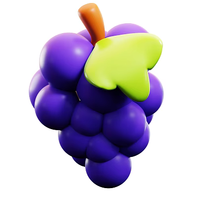 Juicy Fresh Purple Grapes with Green Leaf and Brown Stem 3d model
