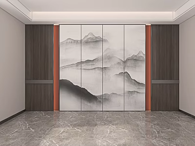 Elegant Chinese Style Background Wall With Ink Wash Mountain Landscape And Wooden Side Panels 3d model
