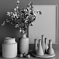 Elegant Ornamental Decor Set With Greenery Vases Bottles And Vintage Building Wall Art