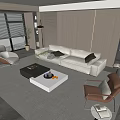 Elegant Modern Sofa and Coffee Table Set with Accent Chairs Area Rug and Wooden Shelves