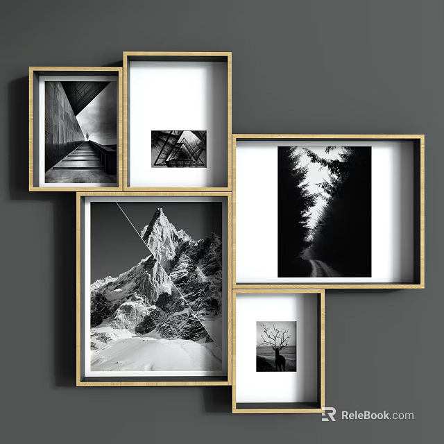 Black and White Framed Landscape Art Collage With Mountain Tree And Geometric Prints 3d model 