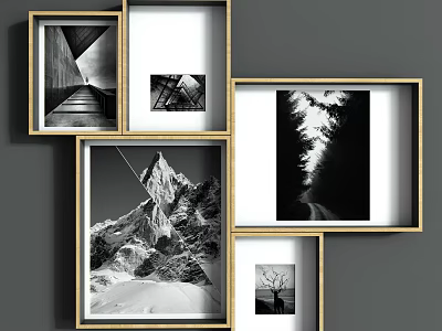 Black and White Framed Landscape Art Collage With Mountain Tree And Geometric Prints 3d model