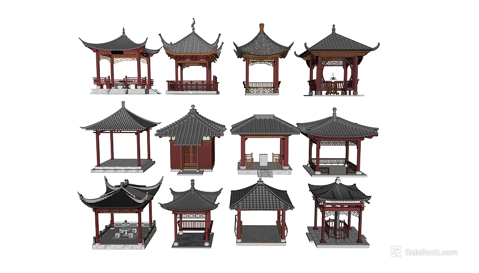 Traditional Chinese Garden Pavilions With Various Roof Designs And Wooden Structures 3d model 
