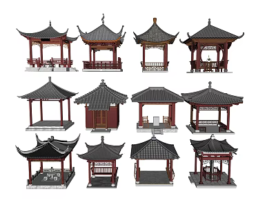 Traditional Chinese Garden Pavilions With Various Roof Designs And Wooden Structures 3d model
