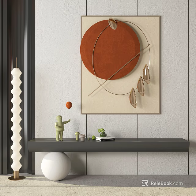 Modern Wall Decor With Abstract Circular Orange Design And Hanging Elements On Console Table 3d model