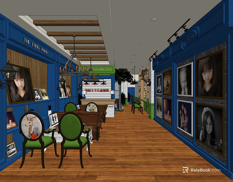 Front Desk Reception Area With Blue Walls Wooden Floors Photos Posters Green Chairs And Tables 3d model 