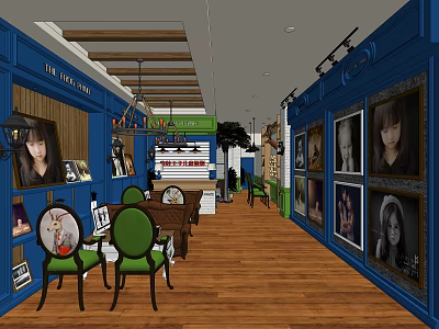 Front Desk Reception Area With Blue Walls Wooden Floors Photos Posters Green Chairs And Tables 3d model