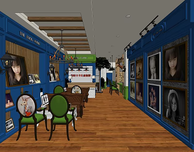 Front Desk Reception Area With Blue Walls Wooden Floors Photos Posters Green Chairs And Tables 3d model