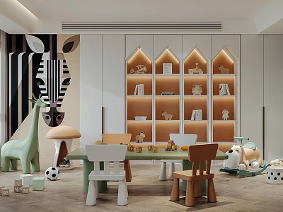 Kids Playroom With Zebra Wall Decor Giraffe Toy Table Chairs Bookshelf And Toys 3d model