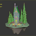 Fairy Tale Small House On Floating Island With Pointed Roof Green Pines And Decorative Steps