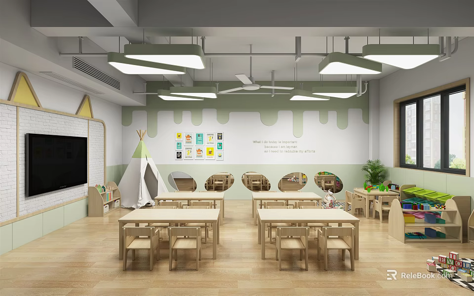 Kindergarten Classroom Interior Design With Wooden Tables Chairs Wall Decorations And Teepee 3d model 