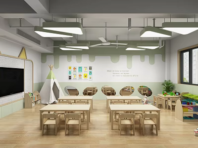 Kindergarten Classroom Interior Design With Wooden Tables Chairs Wall Decorations And Teepee 3d model