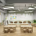 Kindergarten Classroom Interior Design With Wooden Tables Chairs Wall Decorations And Teepee
