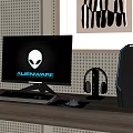 Wall Mounted Wooden Desk With Alienware Monitor Headphones Tower Abstract Artwork Green Plant