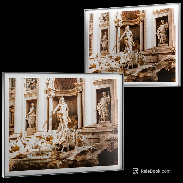Detailed Vintage Classical Figure Painting With Architectural Statues And Fountain Scene 3d model 