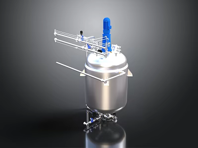 Stainless Steel Industrial Reactor with Blue Agitator Pipes and Support Structure 3d model