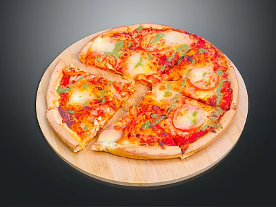 Delicious Freshly Baked Pizza With Tomato Sauce Cheese Ham Slices On Wooden Board 3d model