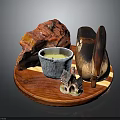 Decorative Animal Figurine With Red Stone Blue Ceramic Bowl And Wooden Plate