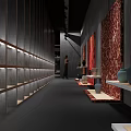Traditional Art Exhibition Hall With Arched Structure Wooden Shelves Sculptures And Visitor Viewing Artworks