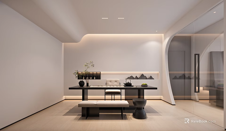 Modern Open Tea Room Interior Design With Black Long Table Tea Sets And Green Plants 3d model 